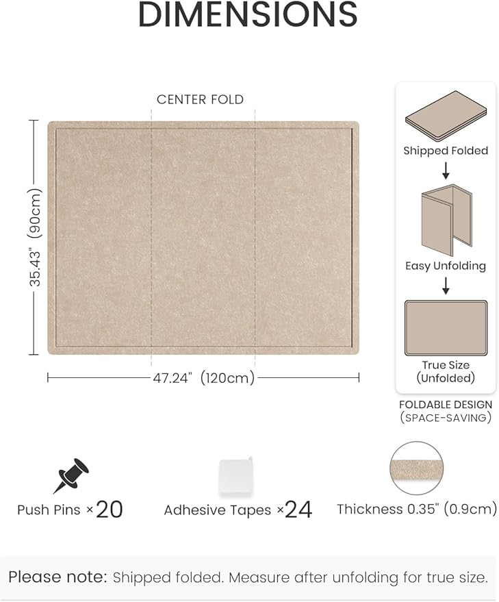 Fluxynara Large Bulletin Board, 47.2" x 35.4" Cork Board Alternative with 24 Safe Removable Adhesive Tabs, Foldable Felt Pin Board for Home Office, Classroom, Bedroom,Entryway for Walls—Taupe