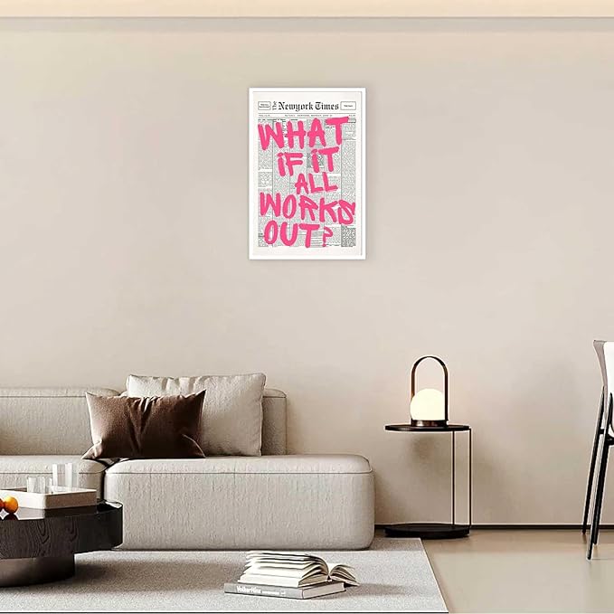 Drimiler Retro Newspaper Pink Font Poster What If It All Works Out Canvas Wall Art Positive Affirming Quote Minimalist Prints Painting For Home Bedroom Dorm Wall Decor 12x16in Unframed