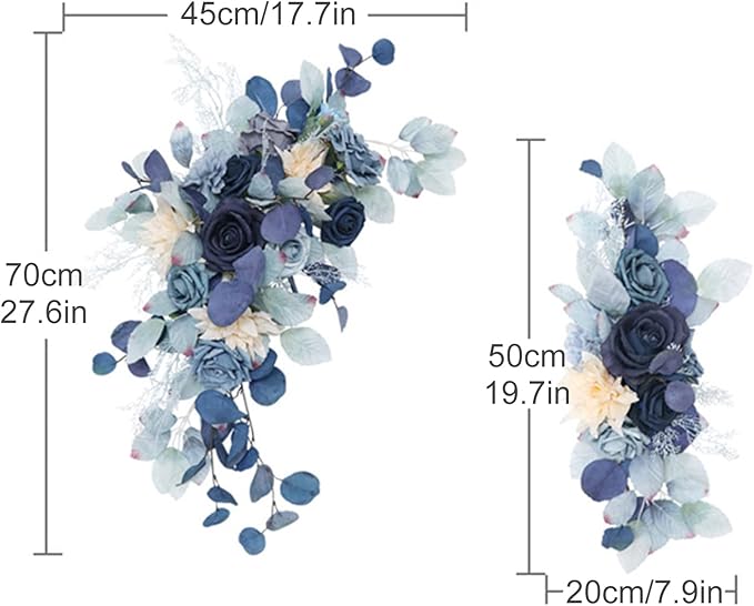 Blue Wedding Arch Flowers Set of 2, Artificial Flower Swag Floral Dusty Decor, Rustic Eucalyptus Greenery for Ceremony Sign Chair, S: 50 x 20cm, L: 70 50cm