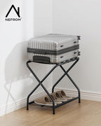 Luggage Rack with Storage Shelf, Foldable Suitcase Stand, Heavy Duty Metal Luggage Holder, 150 lbs Top Capacity, 50 lbs Bottom Shelf, for Guest Room, Bedroom, Hotel LR-BK-1