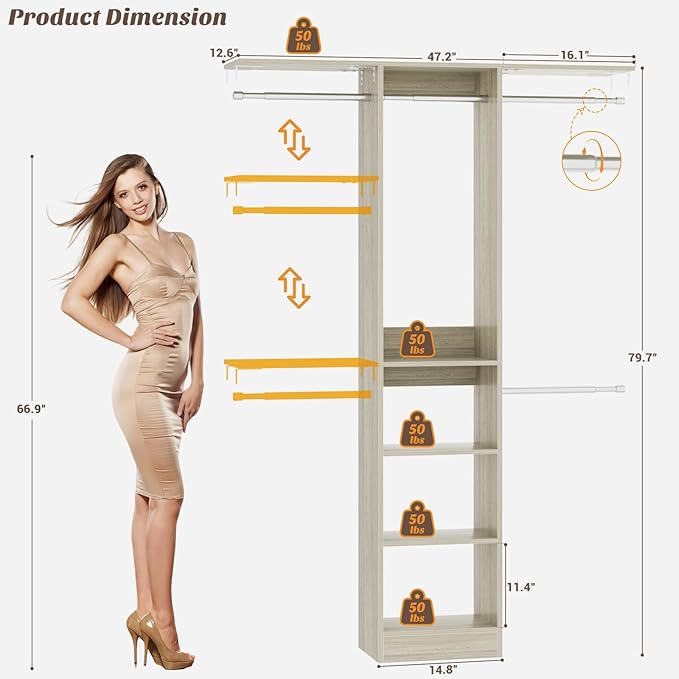 48" Closet Organizer System, 4FT Closet System for Small Closets with 4 Hanging Rods & 3 Shelves, 80"H Small Closet Organizers and Storage for Bedrooms, Cloakrooms, White Oak