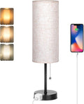 Dott Arts 18" Table Lamp for Bedroom, 3-Color Bedside Lamps with Pull Chain, Bedroom Table Lamps for Nightstand,AC Outlet Small Lamp for Living Room, Bulb Included Flax