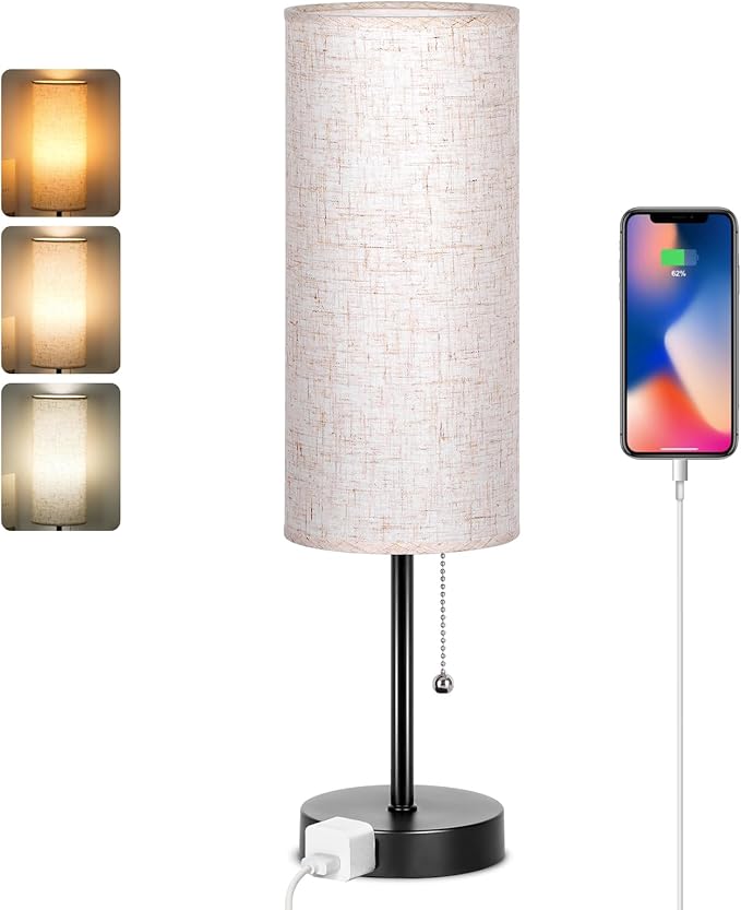Dott Arts 18" Table Lamp for Bedroom, 3-Color Bedside Lamps with Pull Chain, Bedroom Table Lamps for Nightstand,AC Outlet Small Lamp for Living Room, Bulb Included Flax