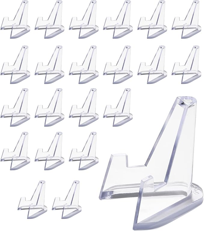 Bonsicoky 20 Pack Mini Clear Acrylic Easel Display Stands - Durable Display Holders for Coins, Card, Medals, and Collectibles - 1.4 Inch Tall