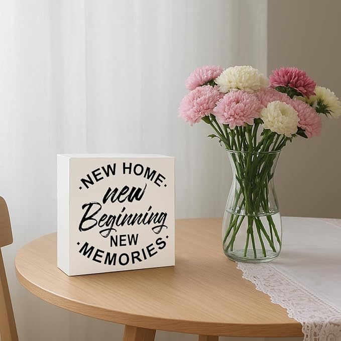 New Home New Beginning, Farmhouse Home Decor, Entryway Sign, Living Room Signs, Gift from Realtor, Housewarming Gift, Box Sign Decor Tabletop, Hallway Decoration, 5.1x5.1inches