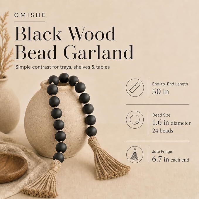 OMISHE 50" Long Extra Large Wood Bead Garland with 1.6" Diameter Wooden Beads and Tassels, Rustic Farmhouse Country Decorative Beads for Home Tiered Tray Decor, Black