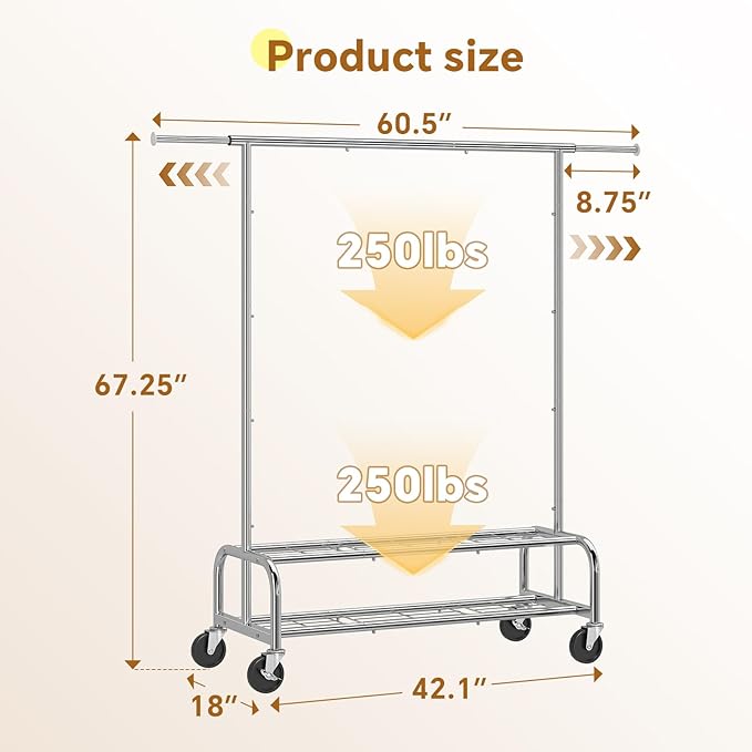 Simple Trending Heavy Duty Clothes Clothing Rack for Hanging, Rolling Garment Rack with Shelves