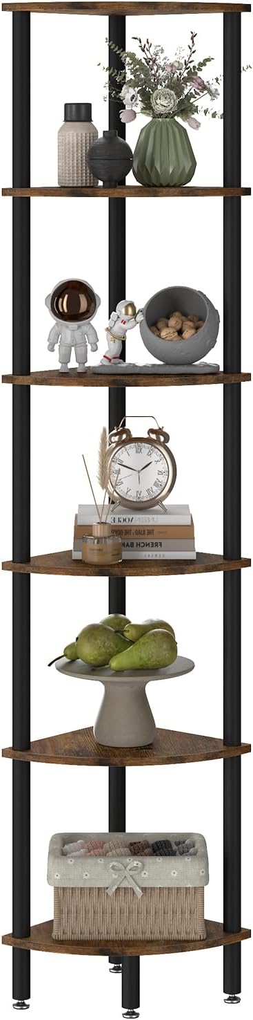 IBUYKE 6 Tier Corner Shelf Stand,Industrial Corner Display Rack,Corner Bookshelf for Living Room, Bedroom, Kitchen, Home Office, Brown WBC011H