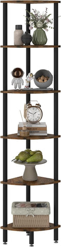 IBUYKE 6 Tier Corner Shelf Stand,Industrial Corner Display Rack,Corner Bookshelf for Living Room, Bedroom, Kitchen, Home Office, Brown WBC011H
