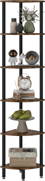 IBUYKE 6 Tier Corner Shelf Stand,Industrial Corner Display Rack,Corner Bookshelf for Living Room, Bedroom, Kitchen, Home Office, Brown WBC011H