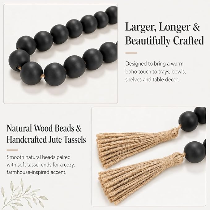 OMISHE Extra Large Wood Bead Garland Black with 1.6" Diameter Wooden Beads and Tassels, 41" Long Rustic Farmhouse Country Decorative Beads for Home Tiered Tray Decor, Black