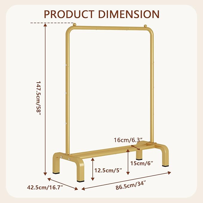 JIUYOTREE Standard Clothes Clothing Garment Rack with Storage Shelves Clothes Organizer for Hanging Clothes Coat Jacket Shirt Sweater Jeans Gold