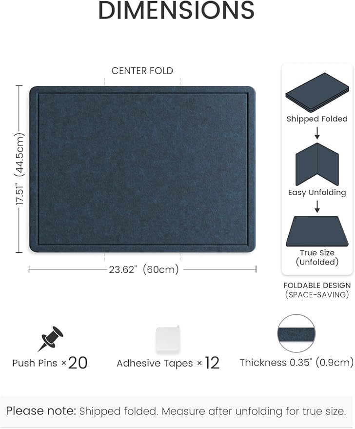 Fluxynara Bulletin Board, 23.6" x 17.5" Cork Board Alternative with 12 Safe Removable Adhesive Tabs, Foldable Felt Pin Board for Home Office, Classroom, Bedroom,Entryway for Walls—Carbon Blue