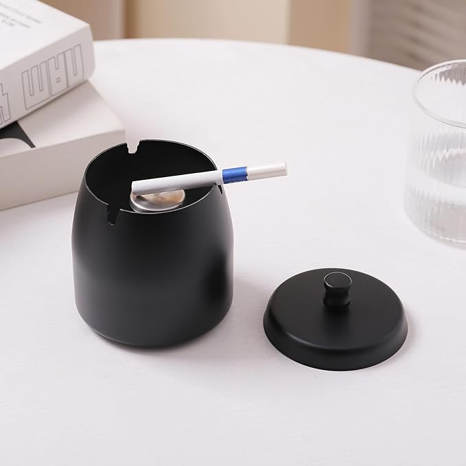 Ashtray with Lid for Cigarette, Stainless Steel Smokeless Odorless Windproof Ashtrays for Home Office Tabletop Outside Patio Outdoor Balcony(3.54"x3.0"x3.38")