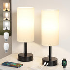 Fenmzee USB Bedside Table Lamps Set of 2-3 Color Temperatures Pull Chain Lamp with USB C and A Charging Ports, Round Night Stand Lamps for Bedroom