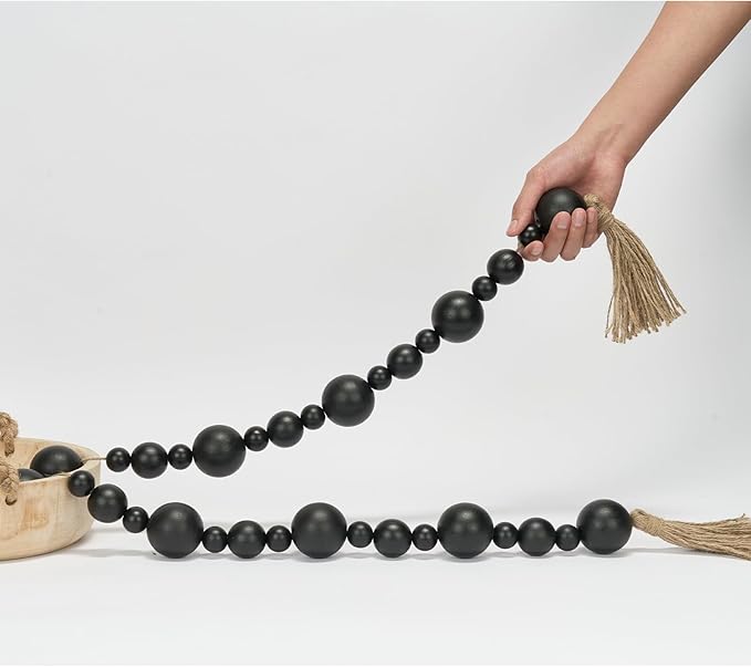 2" Extra Large Wood Bead Garland with Tassels, 75" Long Rustic Farmhouse Wooden Beads Garland, Decorative Beads Boho Decorations for Home Table Mantle Black