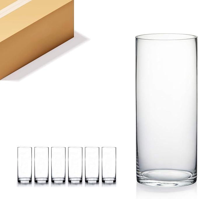WGV Cylinder Vase Bulk, Diameter 5", Height 12", Clear Glass Floral Planter Container, Tall Centerpiece Arrangement for Wedding Party Event Home Office Decor, 6 Pieces