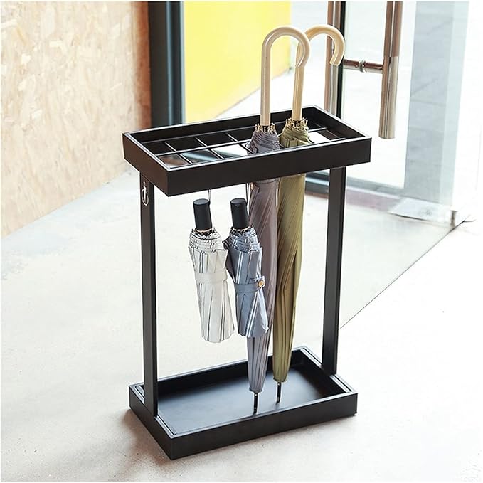 Metal Commercial Umbrella Stand Umbrella Holder, Corridor Entrance Umbrella Drain Rack for Storing 16 Umbrellas, with Mobile Drip Tray and 4 Hooks (Color : Black)