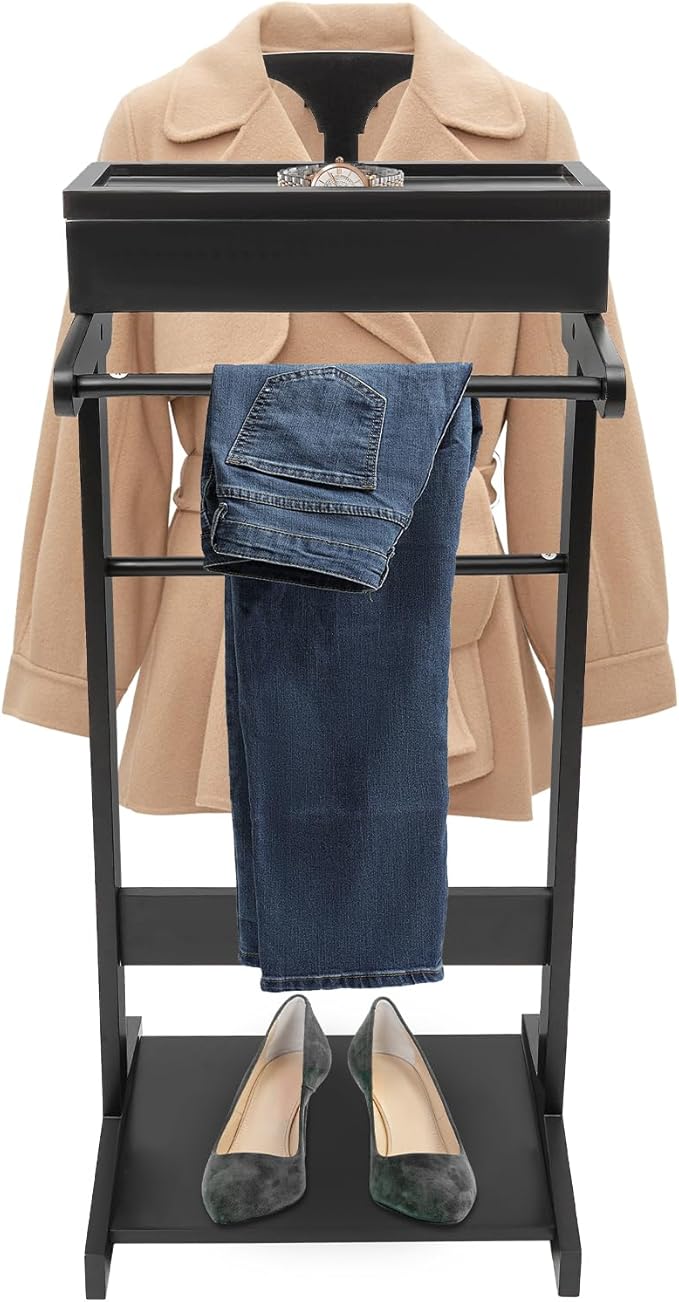Valet Stand for Men and Women, Wood Suit Rack, Freestanding Coat Stand, Valet Stand Clothing Rack Organizer, Contour Hanger, Trouser Bar, Tie & Belt Hooks for Entryway, Bedroom, Office (Black)