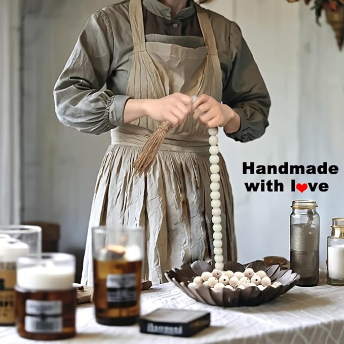 Boho Decor Wood Beads Garland Farmhouse Wall Hanging Decorations Natural Wooden Bead Tassel Decorative for Coffee Table Christmas and Prayer (Nature, 39")