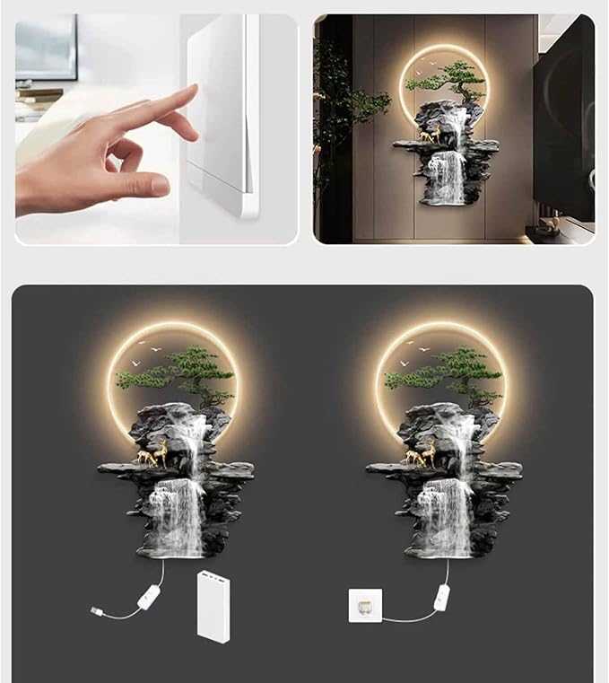 YFQHRXYS 3D Oriental Waterfall Wall Art with LED Light,Oriental Welcoming Pine Landscape for Living Room Office Decor,Modern Art Wall Decor Sculptures, Plug-in Power Supply, Remote Control（50 * 75cm）