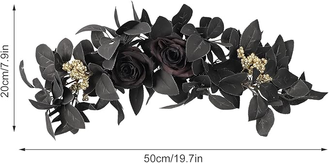 Artificial Flower Swag, Rose Eucalyptus Floral Swag Black Decorative Swag, Decorative Swag with Black Eucalyptus Leaves for Halloween Home Front Door Lintel Wedding Arch Party Tabletop Wall Decor(A3)
