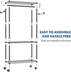 Heavy Duty Rolling Garment Rack 3 Tiers Adjustable Wire Shelving Clothes Rack with Rods and Side Hooks,Storage Closet Clothing Rack with Wheels Black 15.7" D x 29.5" W x 74.5" H
