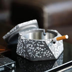 FREELOVE Concrete Ashtray with Lid & Stainless Steel Ashtrays for Cigarettes, Cement Ash Tray Smoking Holder Indoor Smokeless Outdoor Windproof Patio Home Office Cool Decor(Stone Grey, Small)