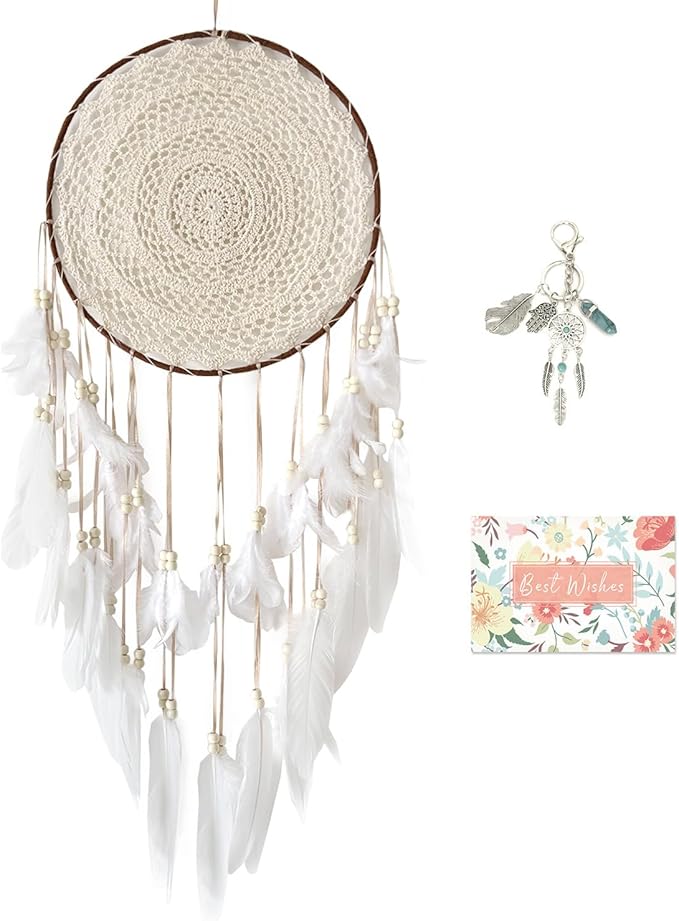 Large White Dream Catcher, Handmade Big Dream Catchers for Bedroom Wall Hanging Wedding Party Decor with a Greeting Card Gift (11.8 Inches in Diameter)