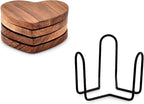 Samhita Acacia Wood Heart Shape Coaster Set of 4 with Iron Holder for Coffee Table Décor Housewarming Gift New Home Kitchen Décor