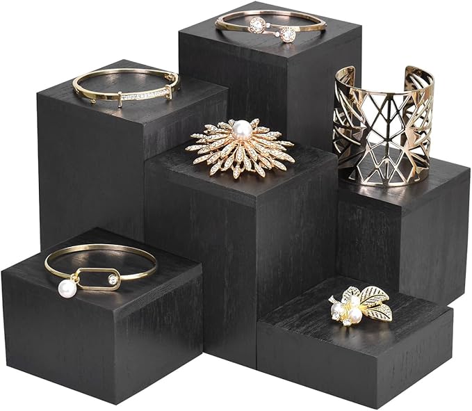 MOOCA Wooden 6 Pcs Square Risers for Display Jewelry and Accessories Display Stand Wooden Risers For Jewelry Figurine, Black Color