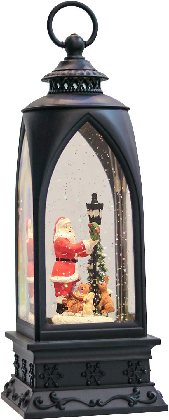 Eldnacele 12” Christmas Snow Globe Lantern Snowman with Music & Timer, USB Lined/Battery Operated Lighted Water Glittering Lantern for Christmas Festival Decoration Gifts – Santa