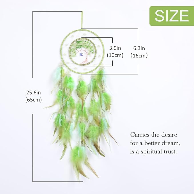 Pretty Jolly Green Tree of Life Dream Catcher Wall Decor with Luminous Beads Handmade Crystal Stones Dreamcatchers Wall Hanging with Small Butterfly Pendant for Bedroom Wedding Party Wish Gift