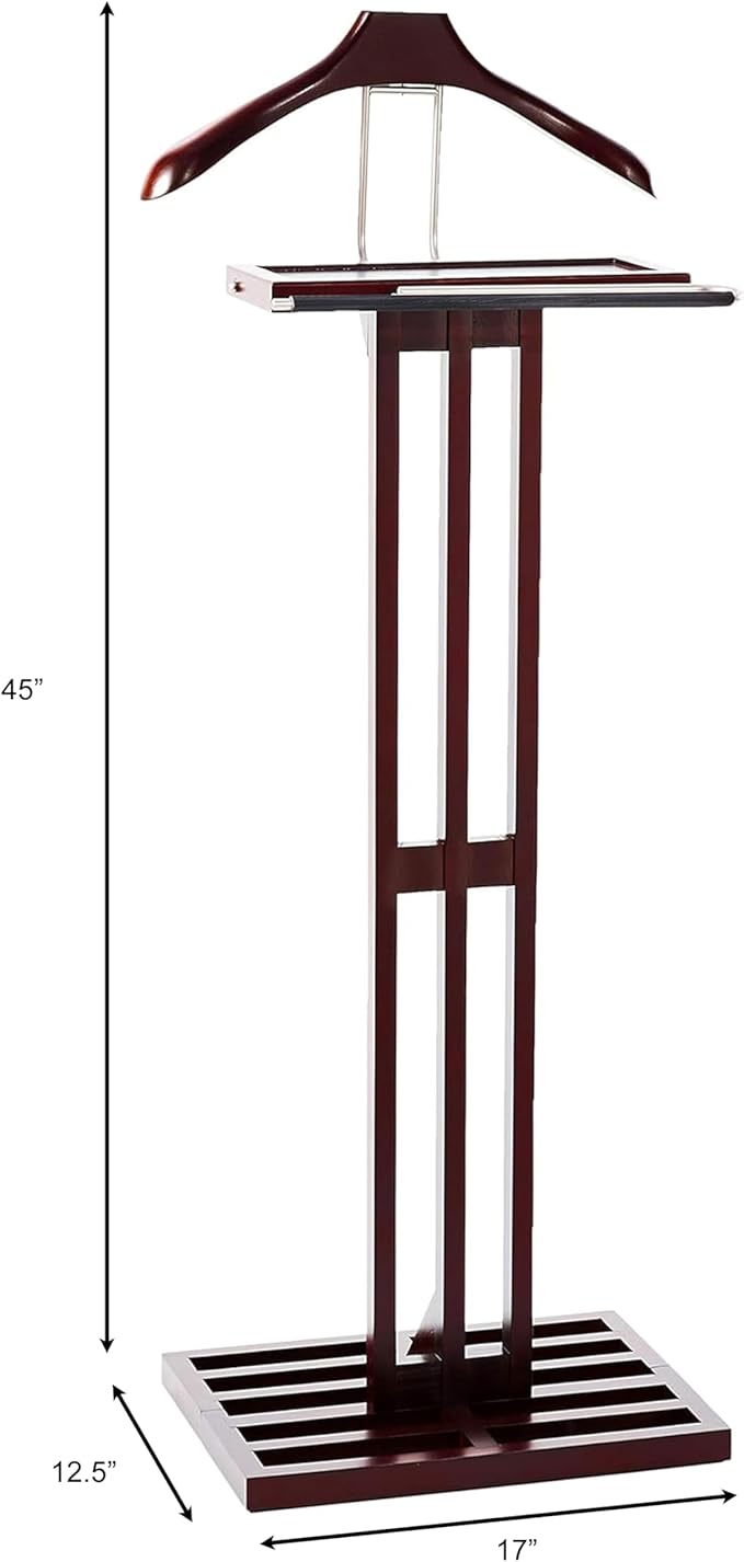 Proman Products Kyoto Suit Valet Stand VL36220 with Large Top Tray, Contour Hanger, Trouser Bar, Tie & Belt Hooks, 17” W x 12.5”D x 45”H, Mahogany