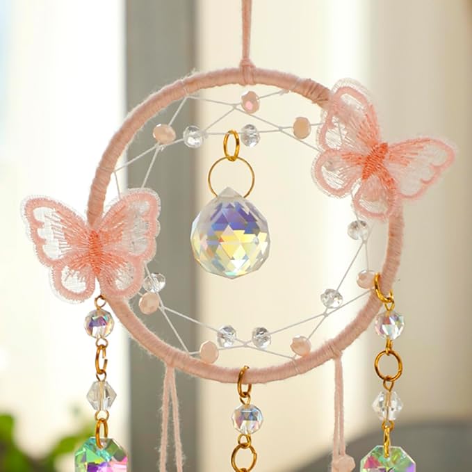 Artilady Dream Catcher for Girls - Pink Butterfly Small Moon Dream Catchers with Crystals Cute Room Decor for Teen Girls Boys Boho Bedroom Wall Home Decorations Birthday Christmas Kids Gifts