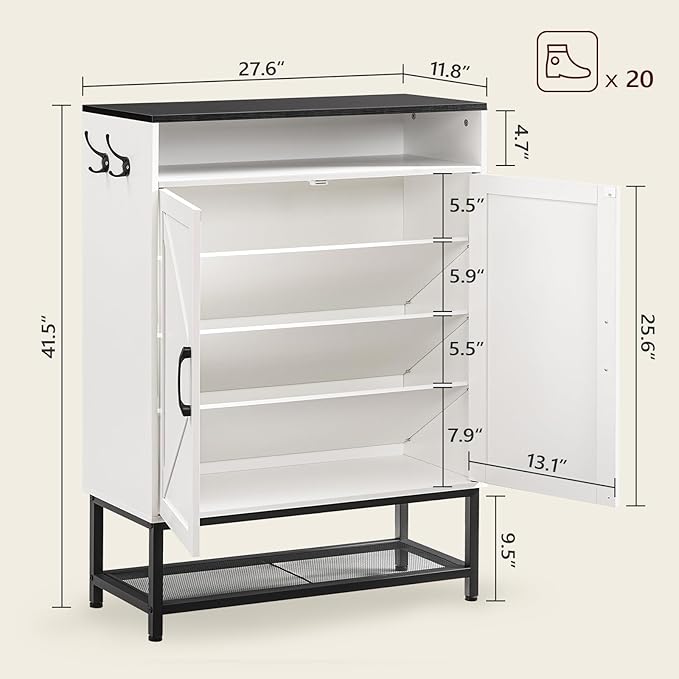 Shoe Storage Cabinet, Farmhouse Shoe Cabinet for Entryway, 6-Tier Shoe Organizer with Doors and Shelves, Narrow Hidden Freestanding Shoe Rack Cabinet for Entrance, White and Black SHHW9501