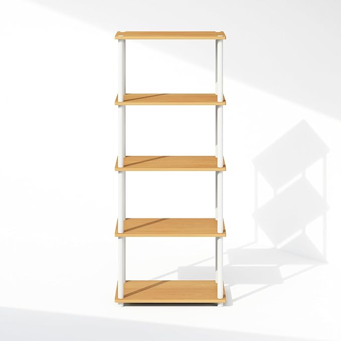 Furinno Turn-N-Tube Book Shelf, 5-Tier Bookshelf, Bookcase with Multipurpose Compact Display Rack, 11.6 x 23.6 x 57.4, for Living Room, Bedroom, Home Office, Beech/White