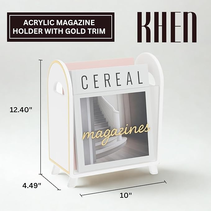 Khen Acrylic Magazine Rack Holder & Gold Trim - 12.40" x 10" x 4.49" - Crystal Lucite Clear - Shatterproof - Open Top - Space Saver - For Magazines, Publications, Office Desk, Reception, Waiting Room