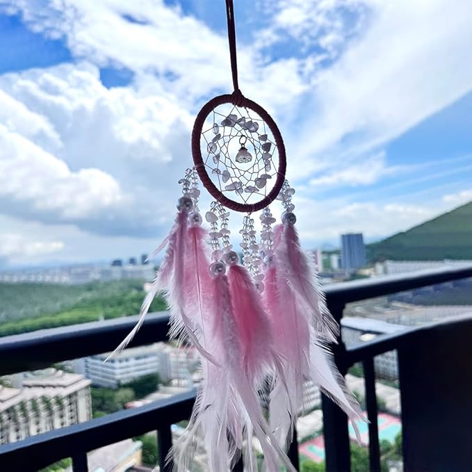 Small Pink Dream Catcher for Car Rearview Mirror Handmade Beaded Feather Dreamcatcher Car Hanging Ornament Home Room Wall Decoration