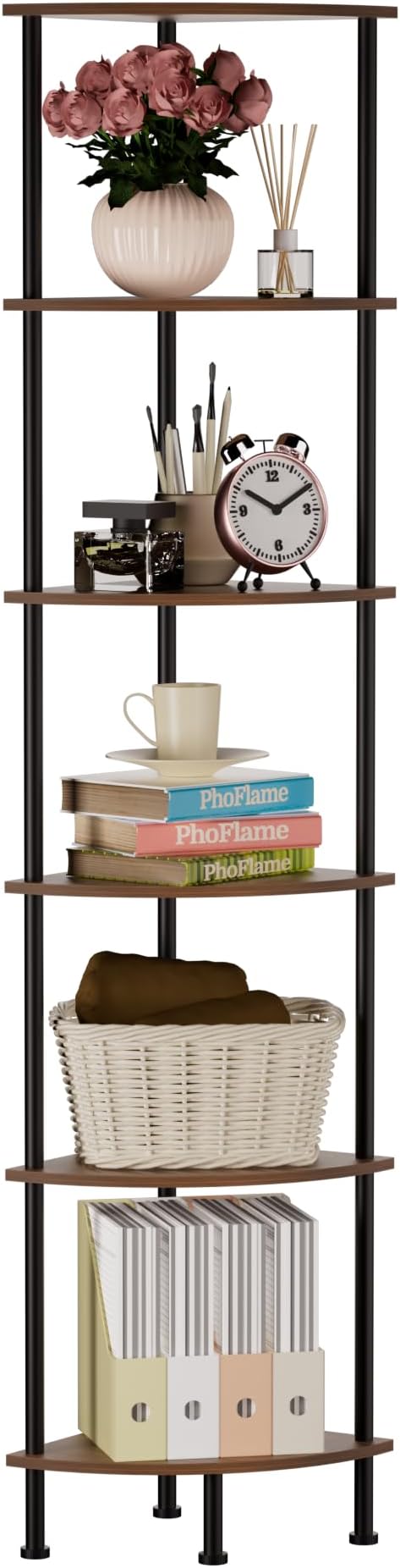 6-Tier Corner Shelf Stand, 65" Industrial Corner Display Rack for Living Room, Bookshelf, Tall Display Shelf, Plant Stand, Storage Standing Shelf for Bedroom, Bathroom, Kitchen, Brown