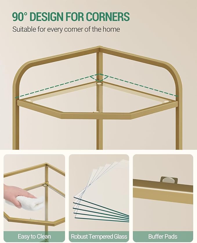 Hzuaneri Corner Shelf Stand, 6-Tier Glass Bookshelf Bookcase, Bathroom Organizer, Plant Stand, Steel Frame, Tempered Glass, Modern Style for Living Room, Bathroom, Kitchen, Golden CS90600G