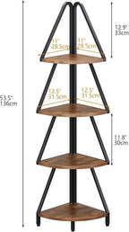 Espelism 4-Tier Corner Shelf Stand, 53.1” Tall Industrial Standing Display Shelf Storage Rack,Narrow Plant Stand,Tree Design Corner Bookshelf for Living Room, Bedroom, Office (Brown, 4-Tier)