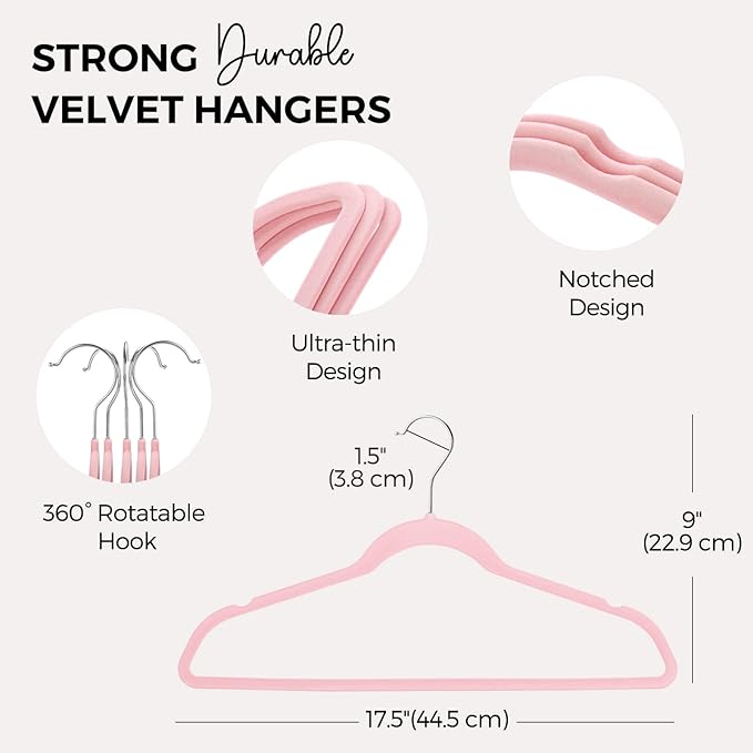 HOUSE DAY Premium Velvet Hangers 50 Pack Pink, Non-Slip Flocked Felt Hangers, Sturdy Clothes Hanger Heavy Duty Coat Hanger, Durable Slim for Closet Space Saving