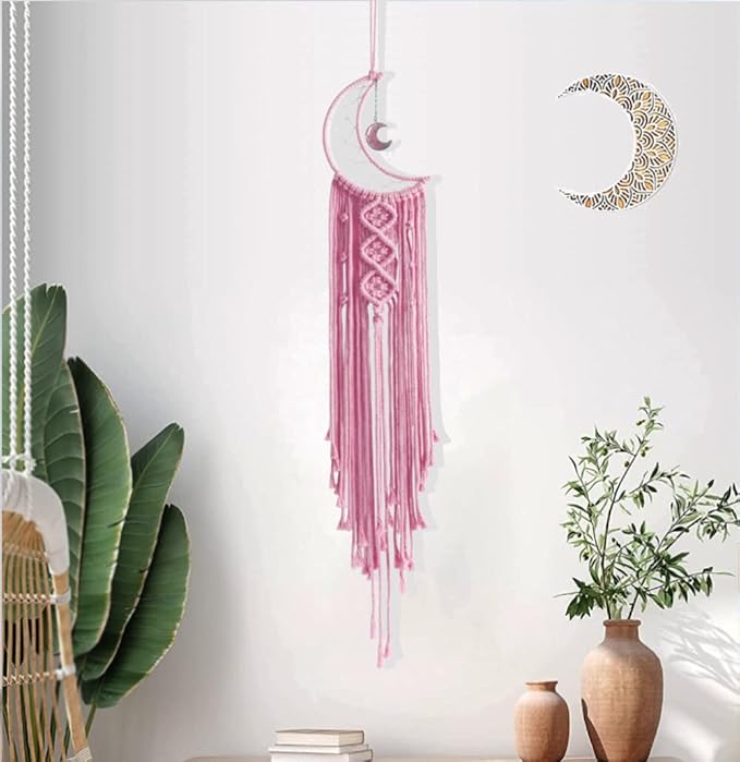 Dream Catchers Pink Dream Catcher for Girls Bedroom Wall Decor for Women, Moon Dream Catcher with Light, Macrame Dreamcatcher Boho Room Decor for Teen Girls Birthday Gifts for Women Bedroom Decor