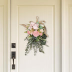 Artificial Eucalyptus Wreath Fake Floral Swag Front Door Teardrop Wreath Front Door Hanging Garland for Festival Holiday Home Party Supplies - Pink