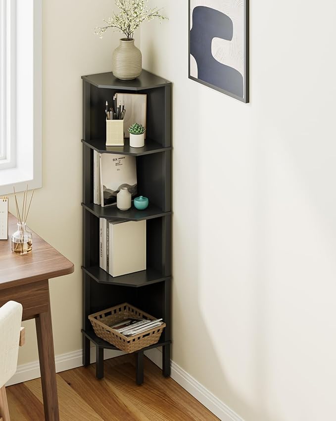 Corner Shelf, 5 Tier Corner Bookshelf, Display Corner Shelf Stand with Storage Rack, Wall Corner Bookshelf for Living Room, Bedroom, Office, Black