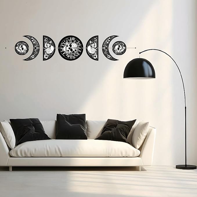 CREATCABIN 7Pcs Skulls Moon Phase Hanging Moon Cycle Wall Hanging Wooden Half Round Moon Ornament Ramadan Halloween Fall Home Decor Gifts for Bedroom Farmhouse Gallery Apartment Bar 37.1x6.3in