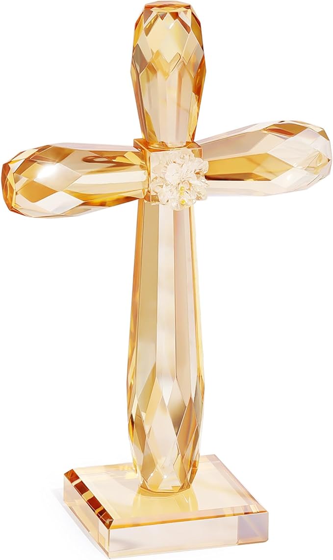 YWHL Champagne Crystal Standing Cross Figurine, Religious Gifts for Women Men, Handmade Glass Holy Easter Cross Collectible Figurines Decoration, Christian Cross for Home Office Decor