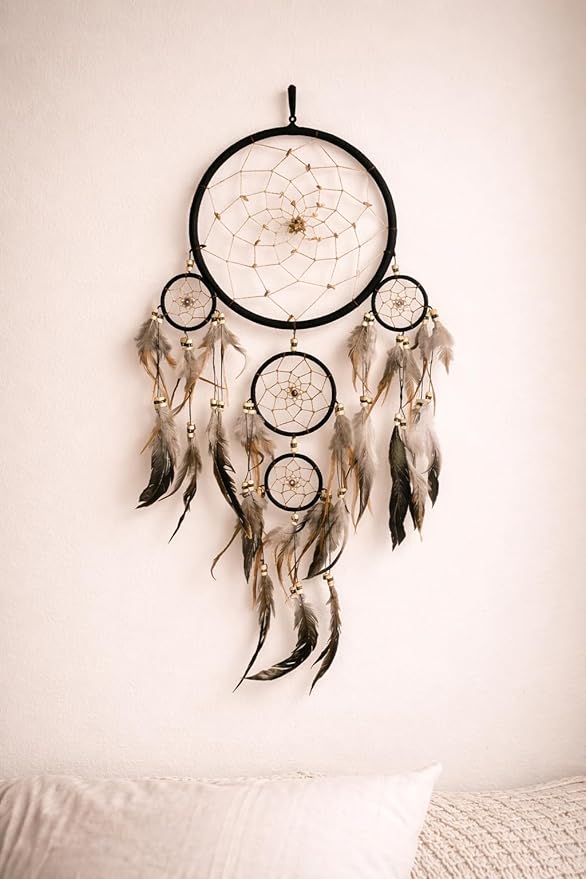 OMA Black Dream Catcher Wall Hanging with Tiger Eye Stones and Feathers, Black Suede Traditional Dream Catcher Boho Home Decor Bedroom Decoration Gift Large Size - 28" Long x 9" Diameter