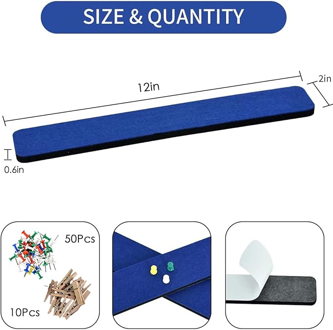Vuzvuv 8 pcs Bulletin Board Bar Strips with 50 Pushpins & 10 Wooden Clip pins，Self Adhesive Cork Board for Wall，Felt Pin Board for School，Office Decor(Dark Blue)